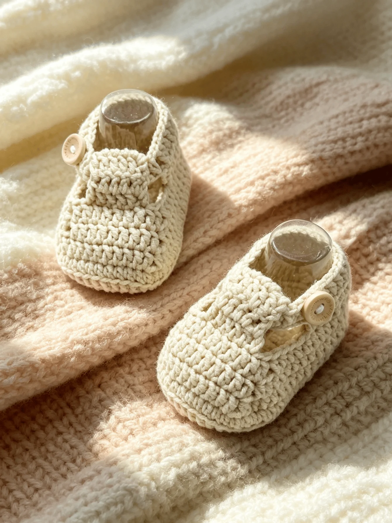 1 Pair Crochet Baby Booties, White, Mary Jane Style with Button Strap, Newborn Infant Shoes