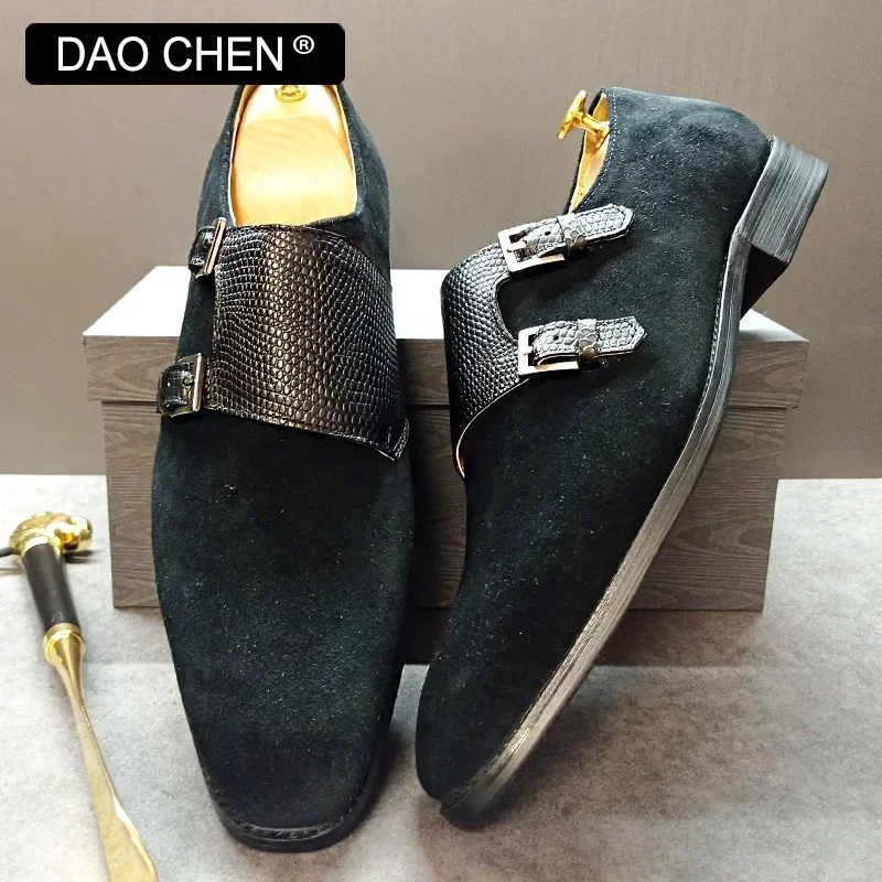 LUXURY LOAFERS MEN SHOES DOUBLE BUCKLE STRAP CASUAL MENS DRESS SUEDE SHOES BLACK BROWN OFFICE WEDDING LEATHER SHOES MEN