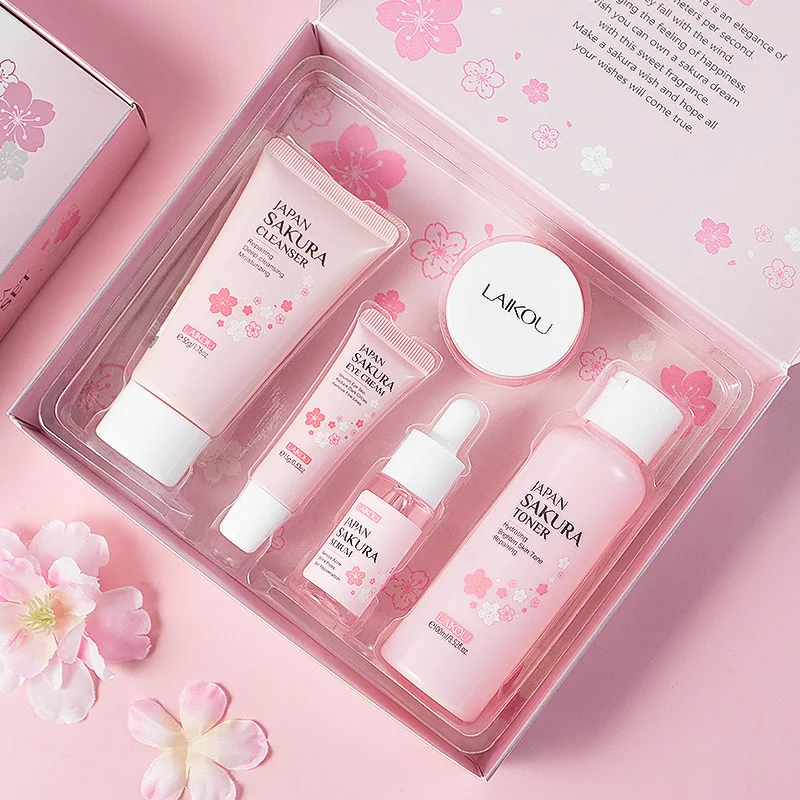 Caja de regalo de flor de cerezo Sakura, juego de cuidado de la piel, crema de ojos de colágeno, suero limpiador Facial, crema Facial de tónico, maquillaje de belleza, 5 piezas