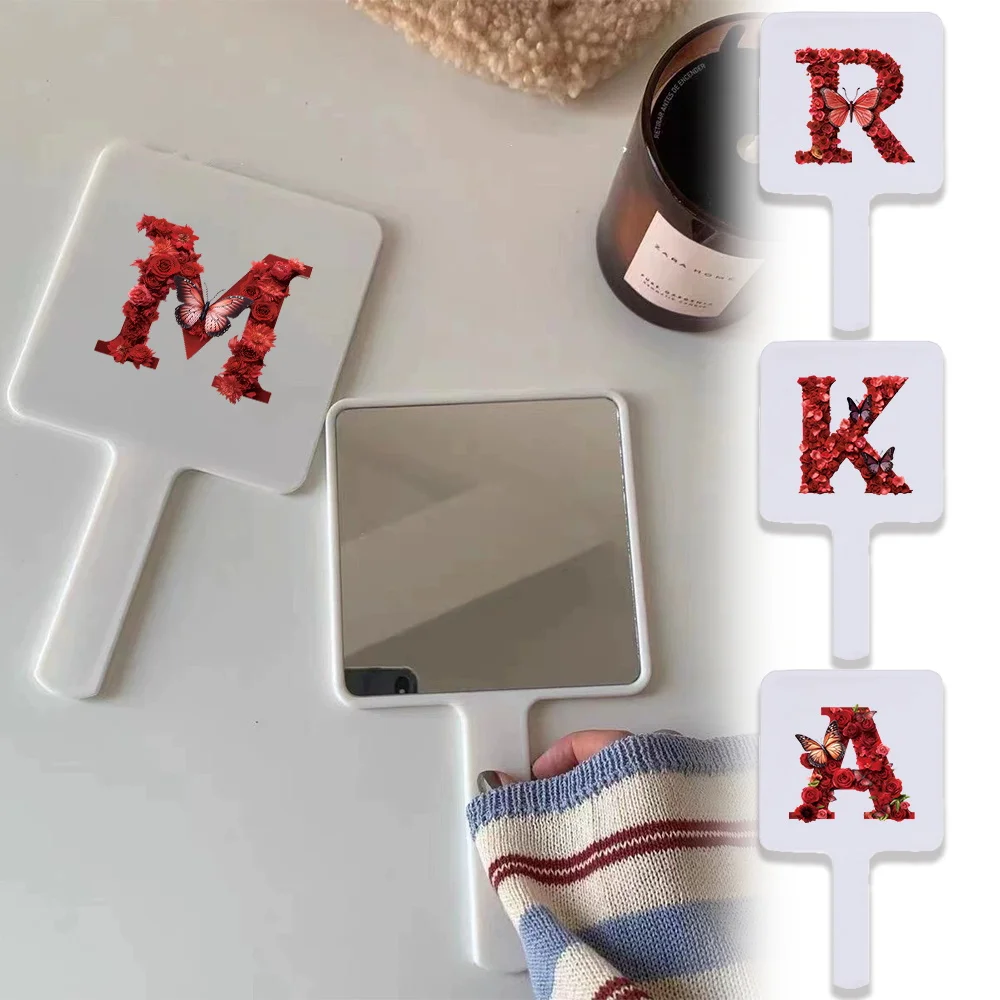 

1pc Handheld Square Cosmetic Mirror With Red Rose Letter Durable Design Suitable For Daily Use Initial Name 26 Letters Pattern