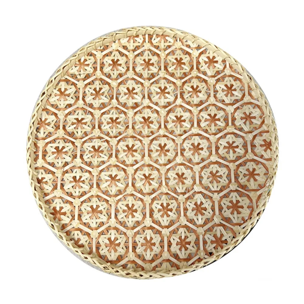 

Durable Colorful Handmade Bamboo Round Tray Bohemian Style Woven Weaving Fruit Basket Decorative Portable Food Tray Restaurant