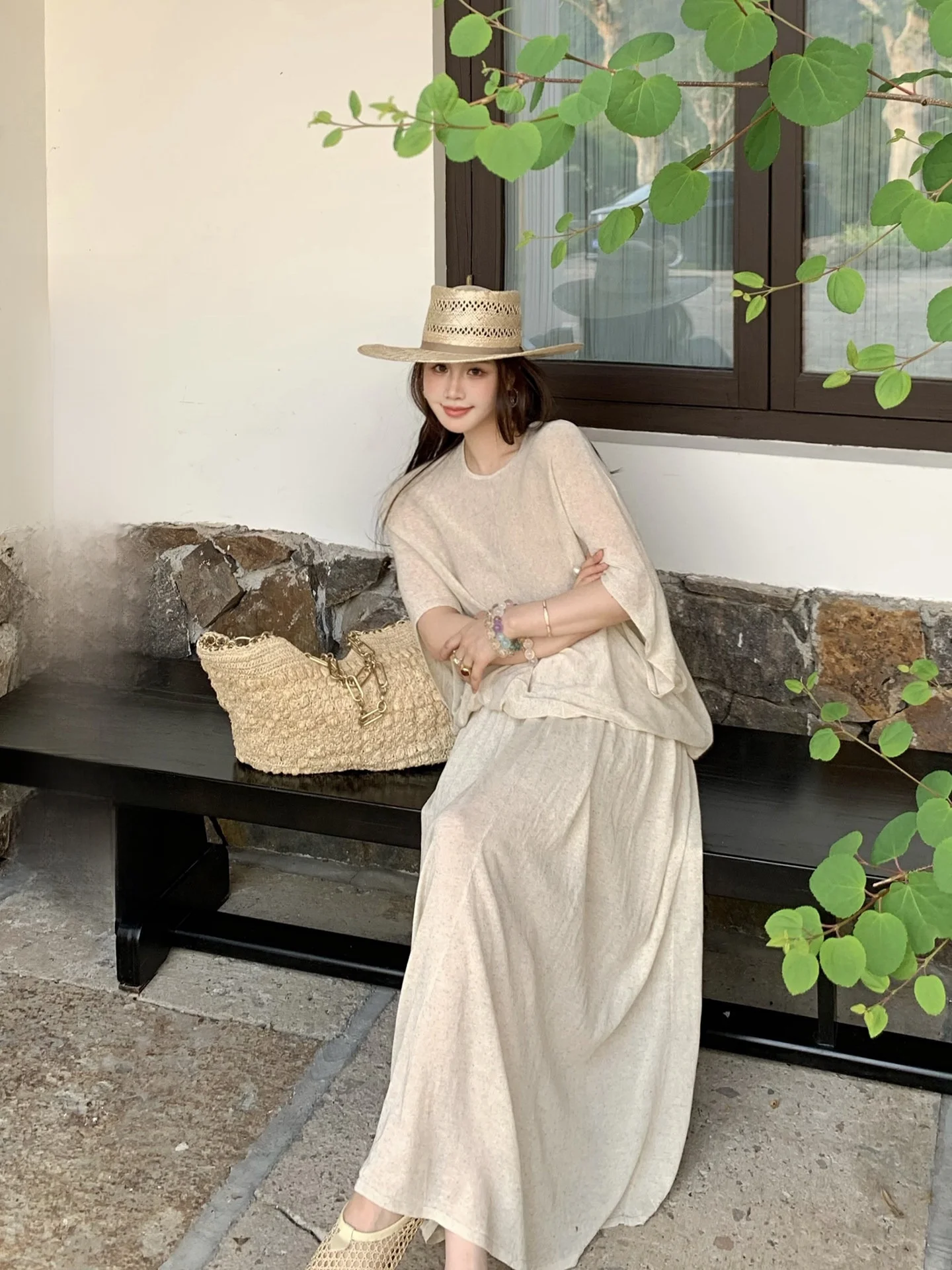 

Casual Linen Blend Two-Piece Set for Women by IUIU AJing Home Lazy Sensation Loose Fit Top And f Skirt Ensemble