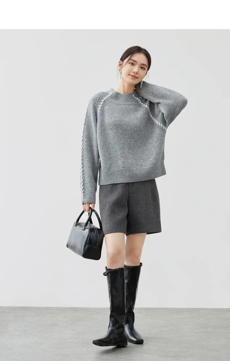 SENTUBILA Wool Spliced Knitted Cardigan for Women Winter 2024 Loose Fit Stand Neck Long Sleeve Comfort Women Tops W44E57282