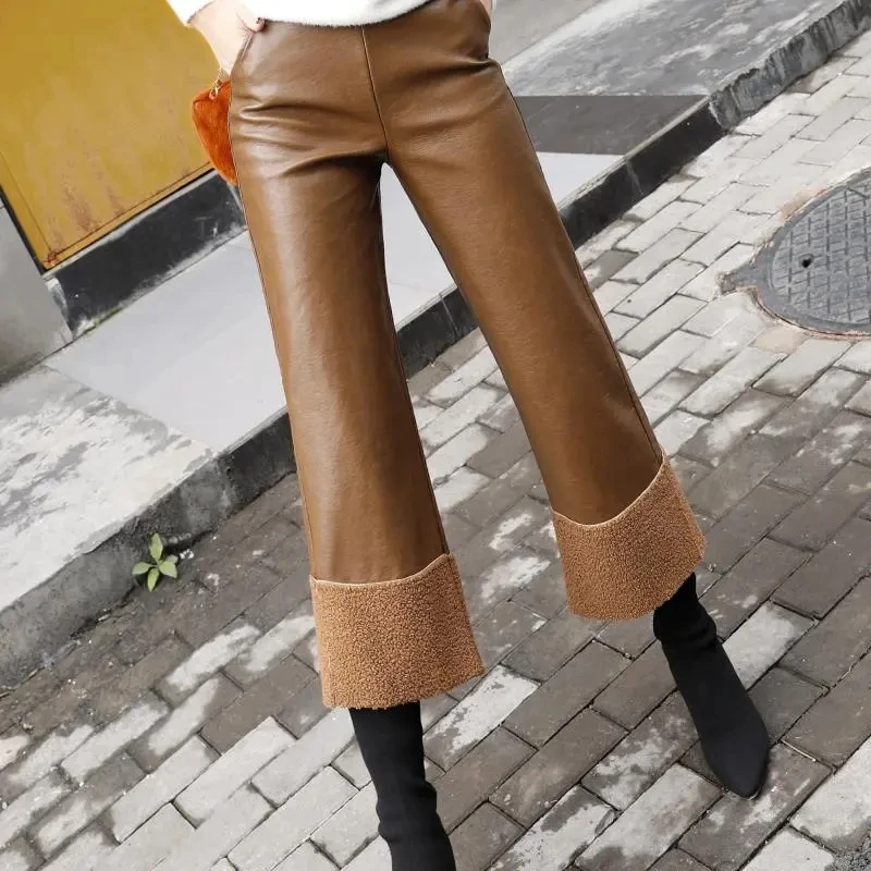 

Women's Fashion 2023 Autumn/Winter Faux Leather PU Pants Women High Waist Versatile Female Straight Trousers