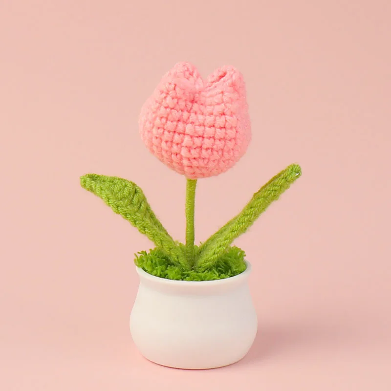 Tulip Crochet Flower Potted Cerative Handmade Knitted Flowers Artificial Flower Car Desktop Home Decor