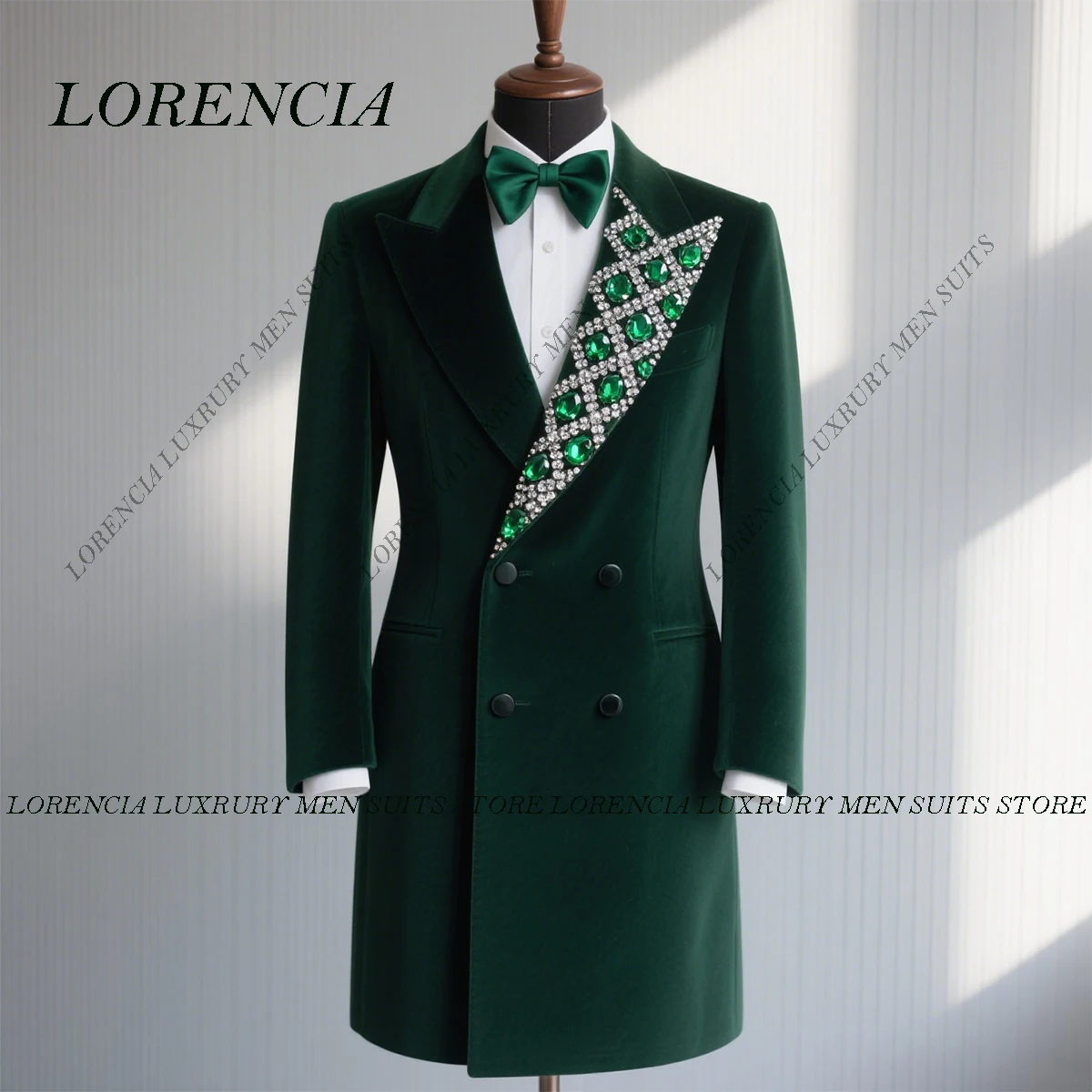 

Customized 2025 Luxury Diamond Men Suits Peaked Lapel Groom Long Coat Wedding Male Blazers Crystals 2 Pieces trajes para hombre