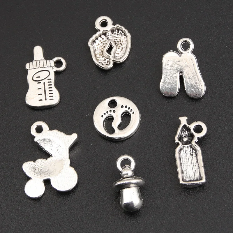 14pcs Mix Silver Color Baby Cup Milk Bottle Charms Footprint Baby Cart Pendant Finding DIY Handmade Jewelry Accessorie M176