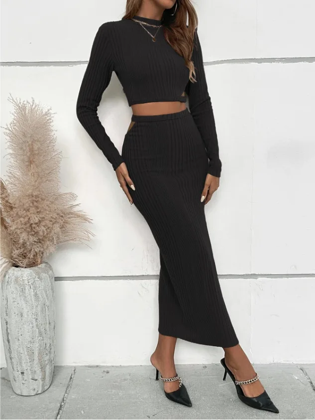 Mulheres Hollow Out Slim Slit Skirt Set, Saias Sexy, Monocromática, Bodycon, Streetwear, Festa, Clube, Ternos Chiques, Moda, Outono, Inverno