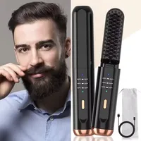 Wireless Portable Beard Straightener USB Rechargeable Negative Ion Mini Cordless Hair Straightener Brush for Travel