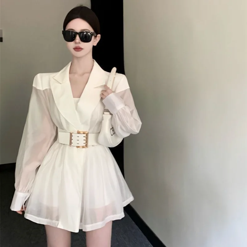 Blazers Women Korean White Breathable Mesh Coat Patchwork Loose Belt Thin Suit Jacket Female Spring Summer Long Sleeve Tops