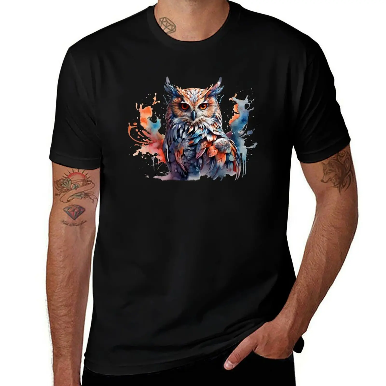 

An owl with orange and blue T-Shirt anime tshirt luxury t-shirt aesthetic clothes plain white t shirts men