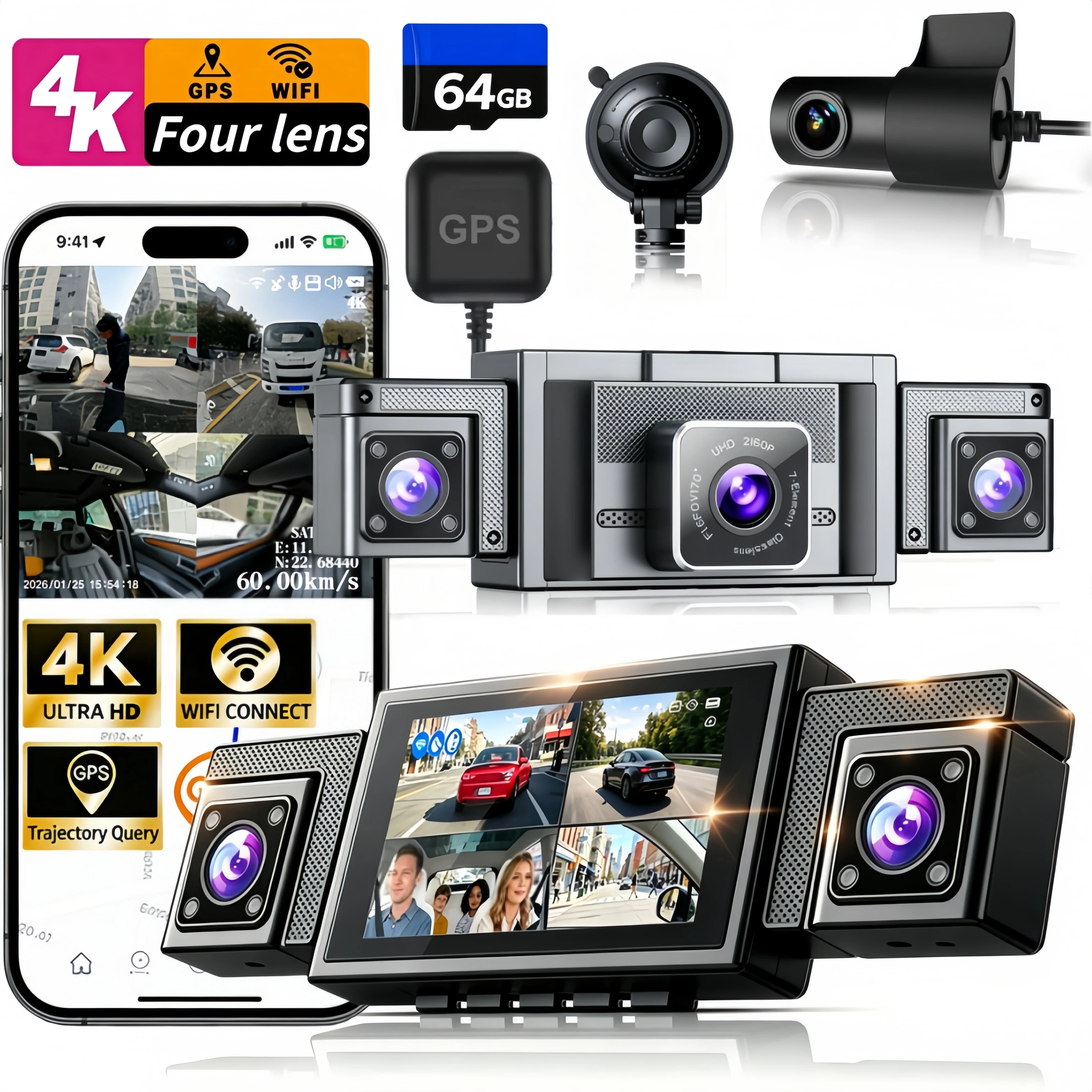 Dash Cam 4 Channel 360° 4k Gps Wifi Car Dvr 4CH Front Left Right Rear Black Box 24h Parking Night Vision Loop Recording Dashcam