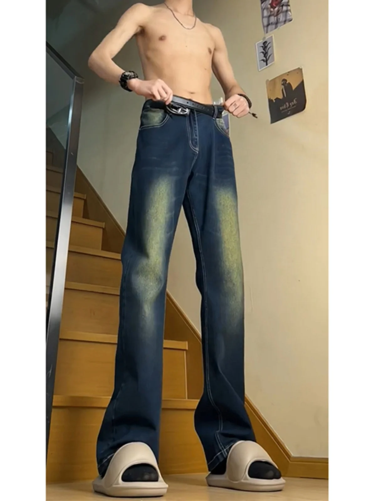 

Waed adient Deep Blue Men's Summer Thin Denim Jeans American Retro Vibe Straight High Waist Flared Pants Cotton Polyester...