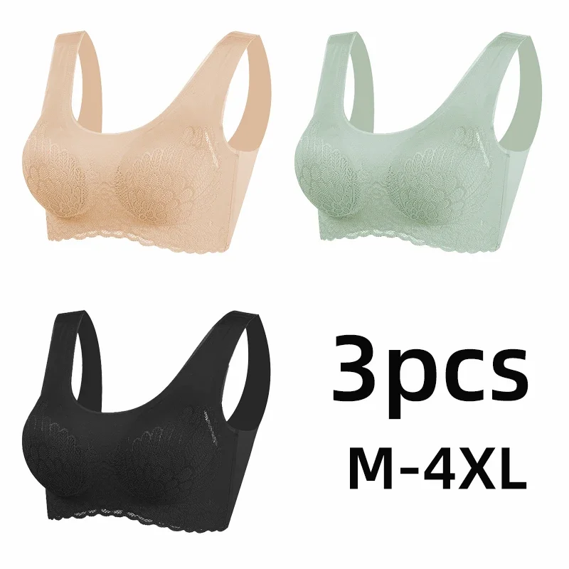 

3PCS Plus Size Bra 3XL4XL Seamless Bras for Women Underwear BH Sexy Lace Brassiere Push Up Bralette with Pad Vest Top Bra