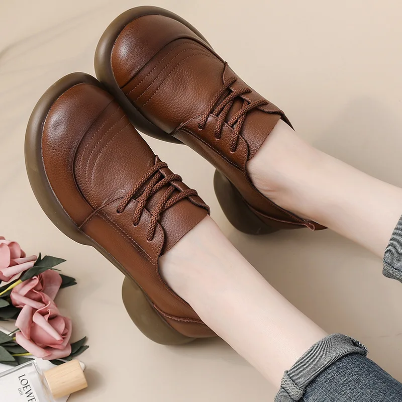 Casual Shoes Female Ladies Flats Vulcanized Shoes Genuine Leather Lace Up Flat Shoes Round Toe Classics Fashion Shoes For Woman