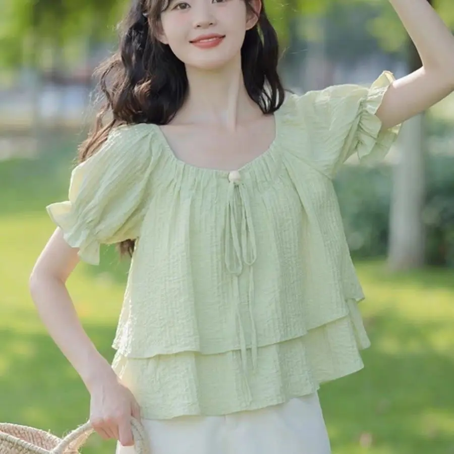 فقاعة قصيرة الأكمام قميص المرأة صغيرتي النمط الصيني الجديد دمية فرنسية الأعلى