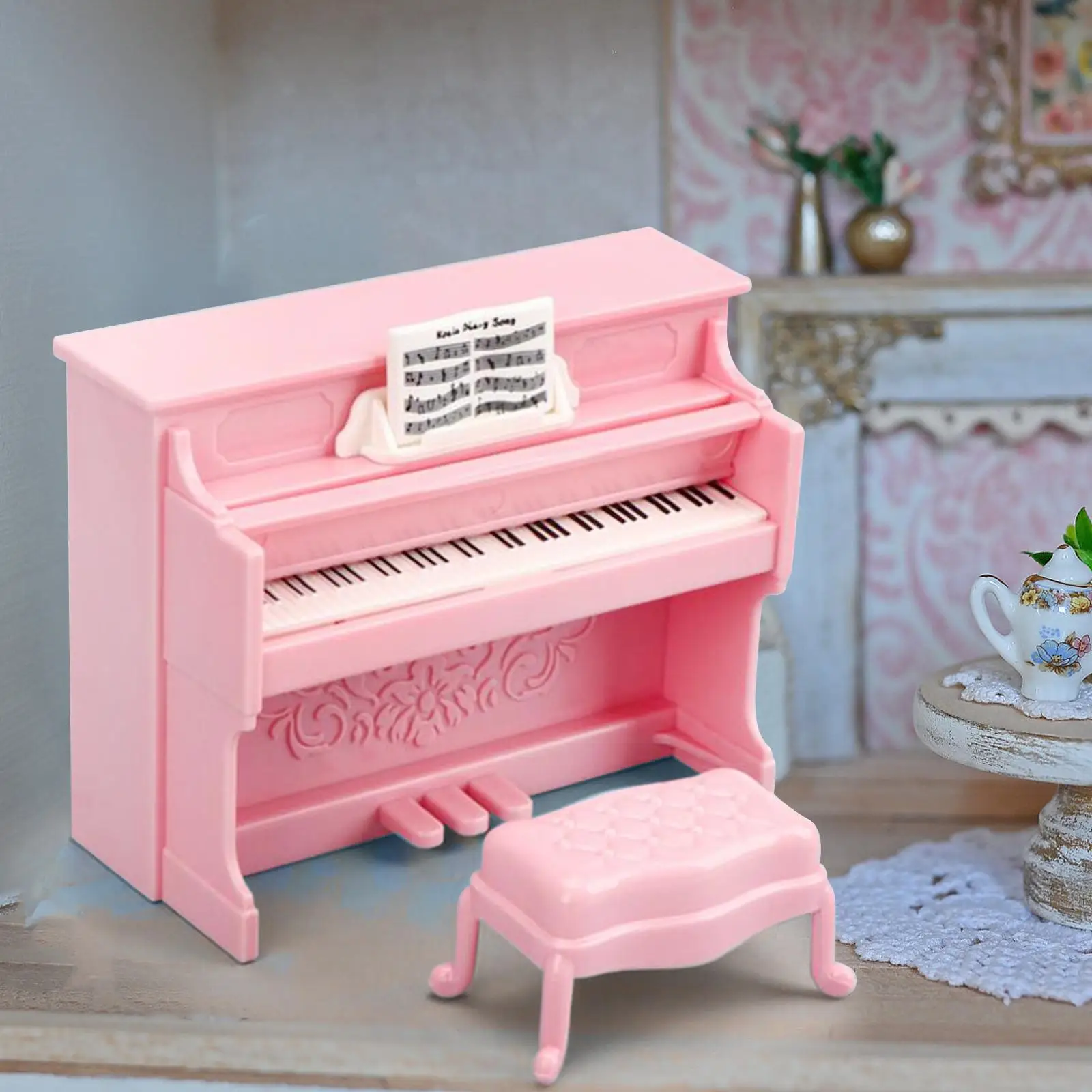 Piano en miniatura con taburete, accesorio de decoración, casa de muñecas de simulación simulada