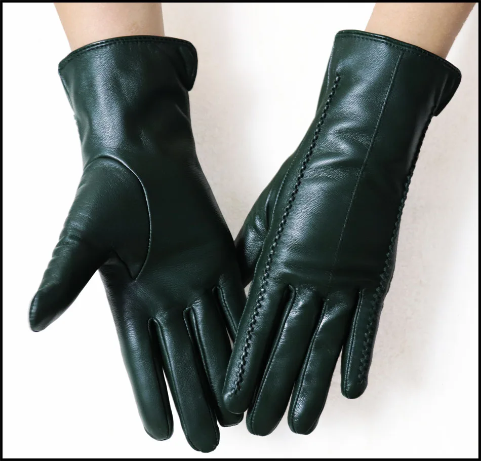 Leather gloves women's sheepskin flannel lining winter warmth high-grade black touch screen color leather gloves driving new