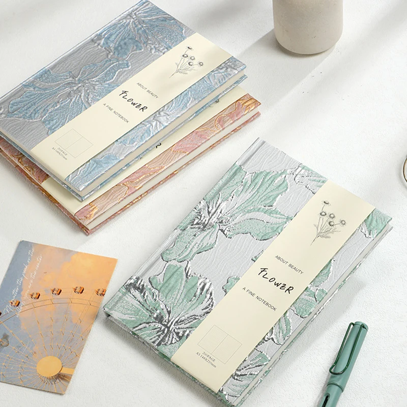 Luxury Embossed Lily Jacquard A5 Notebook Golden Glitter Floral Fabric Hardcover Full Lined Pages Daily Journal Office Notepad