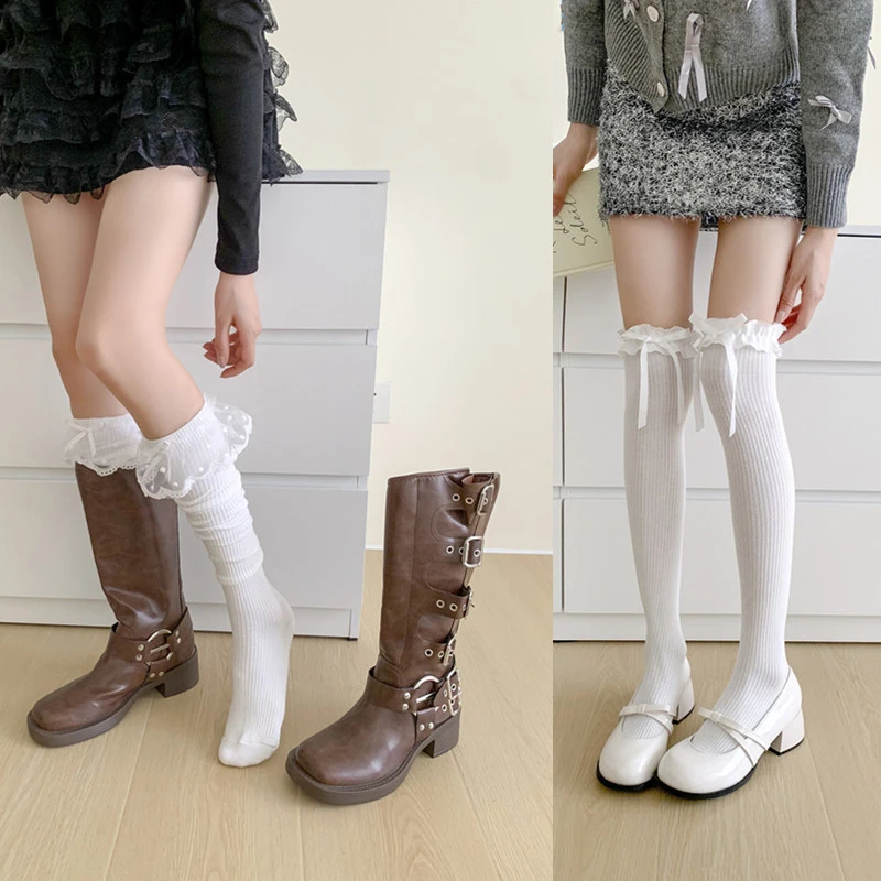 女性用ハイハイレースソックス,キュートなロリータ,厚手で暖かいストッキング,黒と白,ロングレッグソックス,1ペア