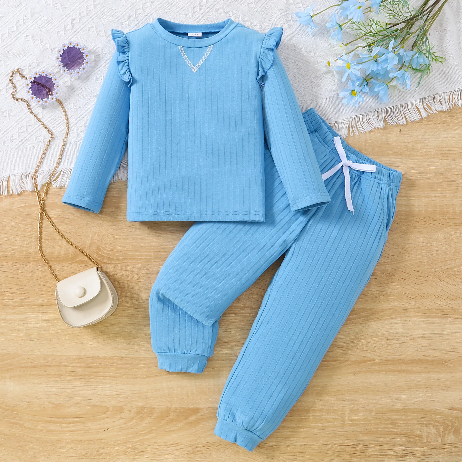 

2023 New Clothing Set Girls Long Sleeve O Neck Ruffles T-shirt Blue Trousers Cute 2 Pcs Sets Casual Girls Clothes Sets 5-9T