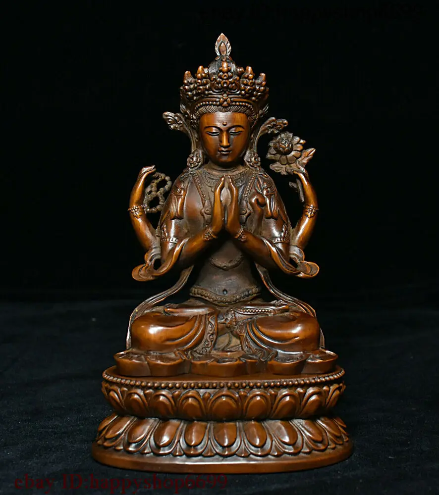 

Collect Chinese Boxwood Wood Carved 4 Arms Guanyin Buddha Avalokiteshvara Statue