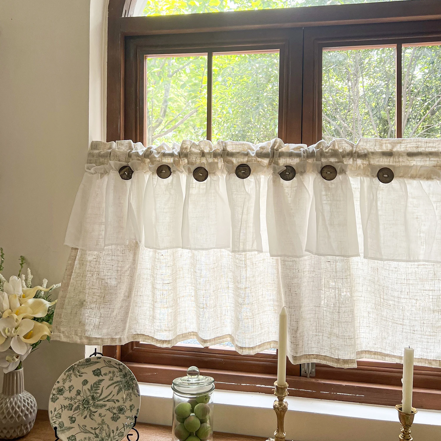 Countryside Double-layer Pleated Small Curtains For Kitchen,With Button Design Cafe Style Half Curtain,Affordable Linen Curtains