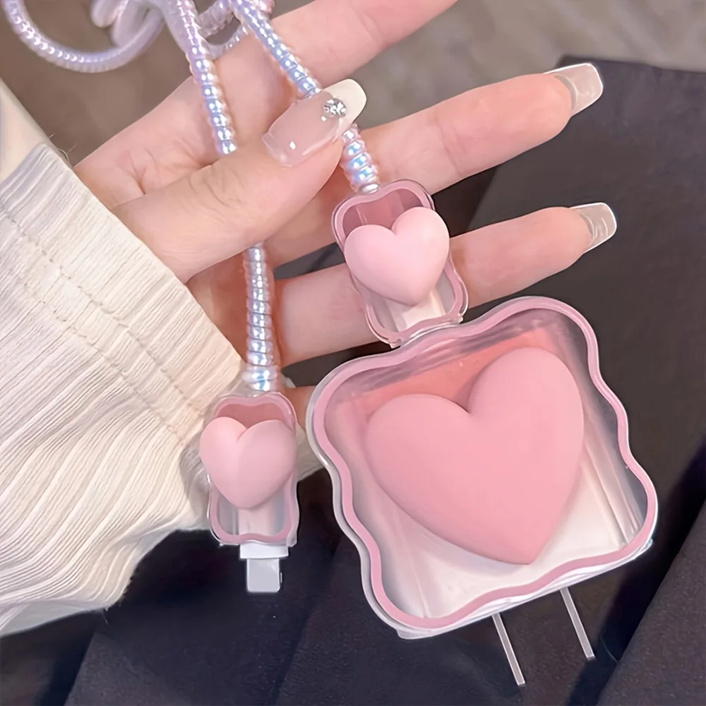 2026 New 3D Cute Love Wave Edge Charger Cover for iPhone 18 17 16 15 11 Pro Max 18W 20W Data Cable Winder Protective Case