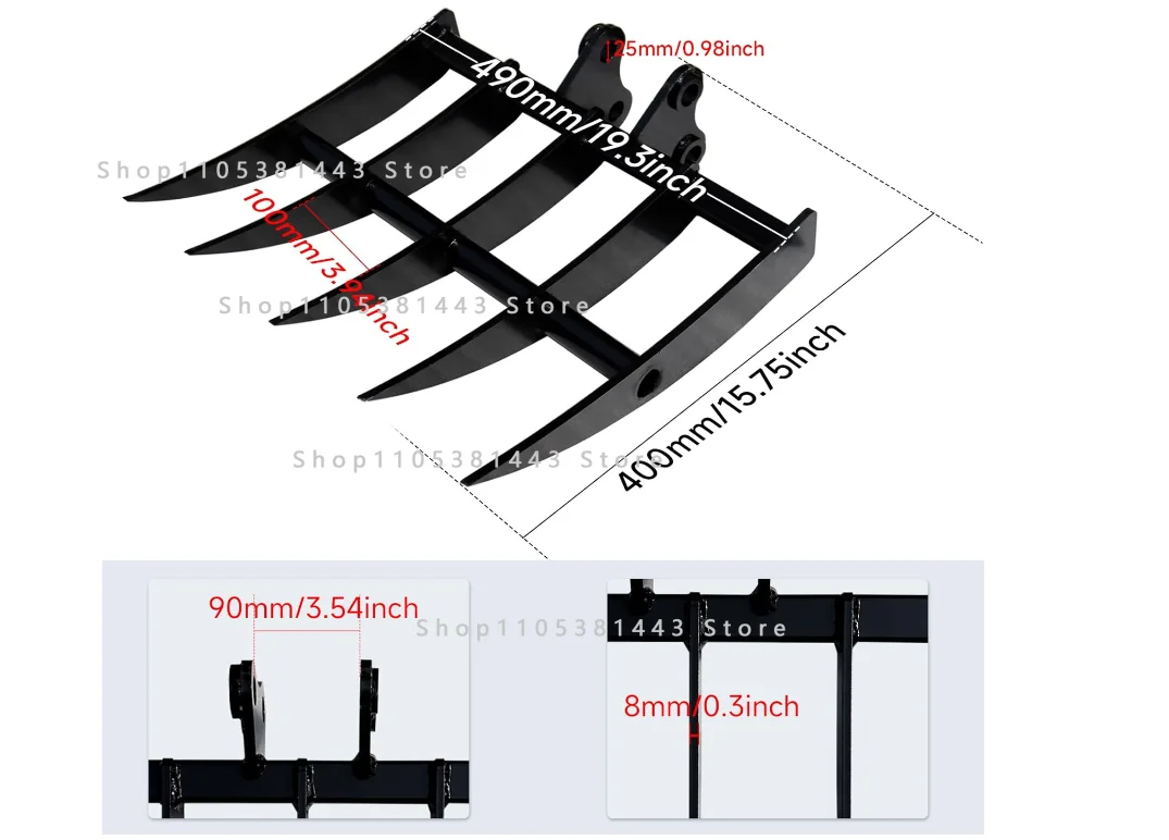For Mini Excavator Digger Farm Land Clearing Tool 5-Tooth Heavy Duty Root Rake Attachment