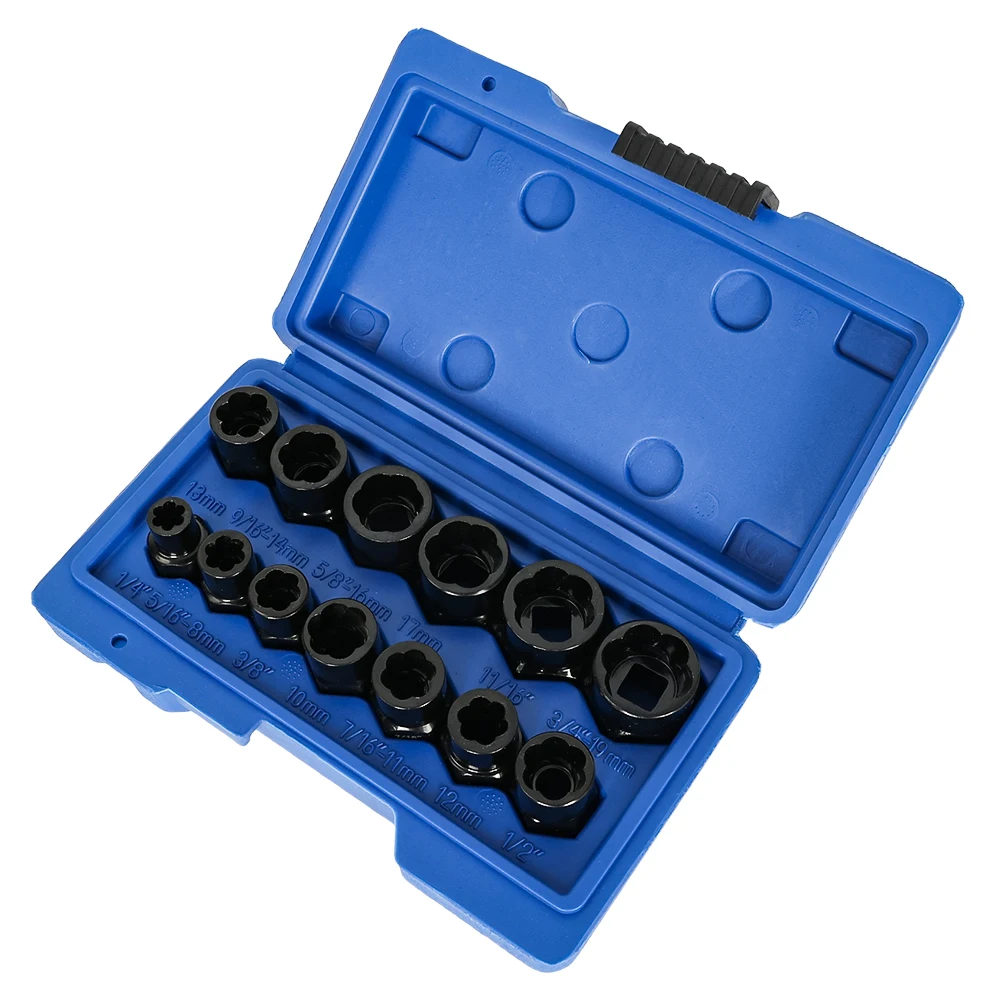 

13Pcs Impact Bolt &Nut Remover Set Easy Out Extraction Socket Set for Rusted Rounded Frozen,Damaged Nuts Screws Storage Case