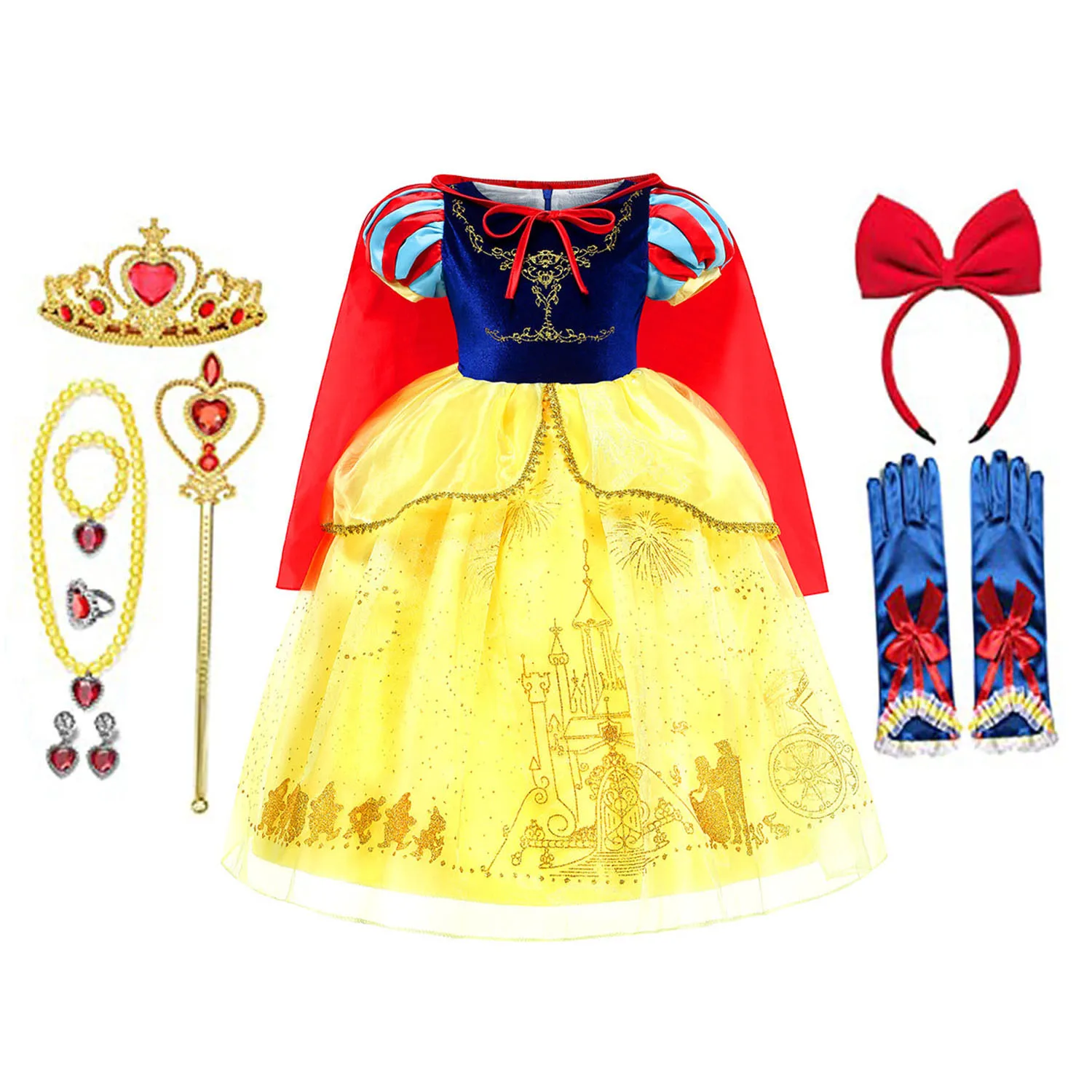 XMLSY Kids Toddler Little Girls Movie Snow White Princess Blue Yellow Cosplay Halloween Dress