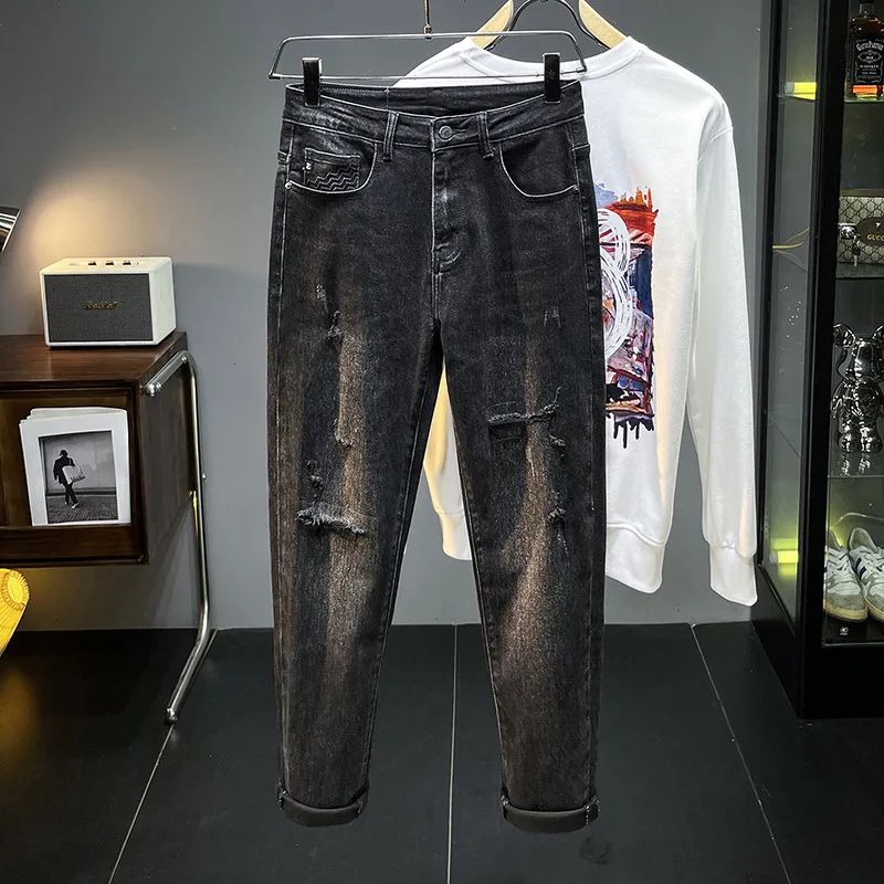 Calça rasgada preta e cinza masculina, reta, elástica, fina, high-end, marca fashion, nova, outono, 2024