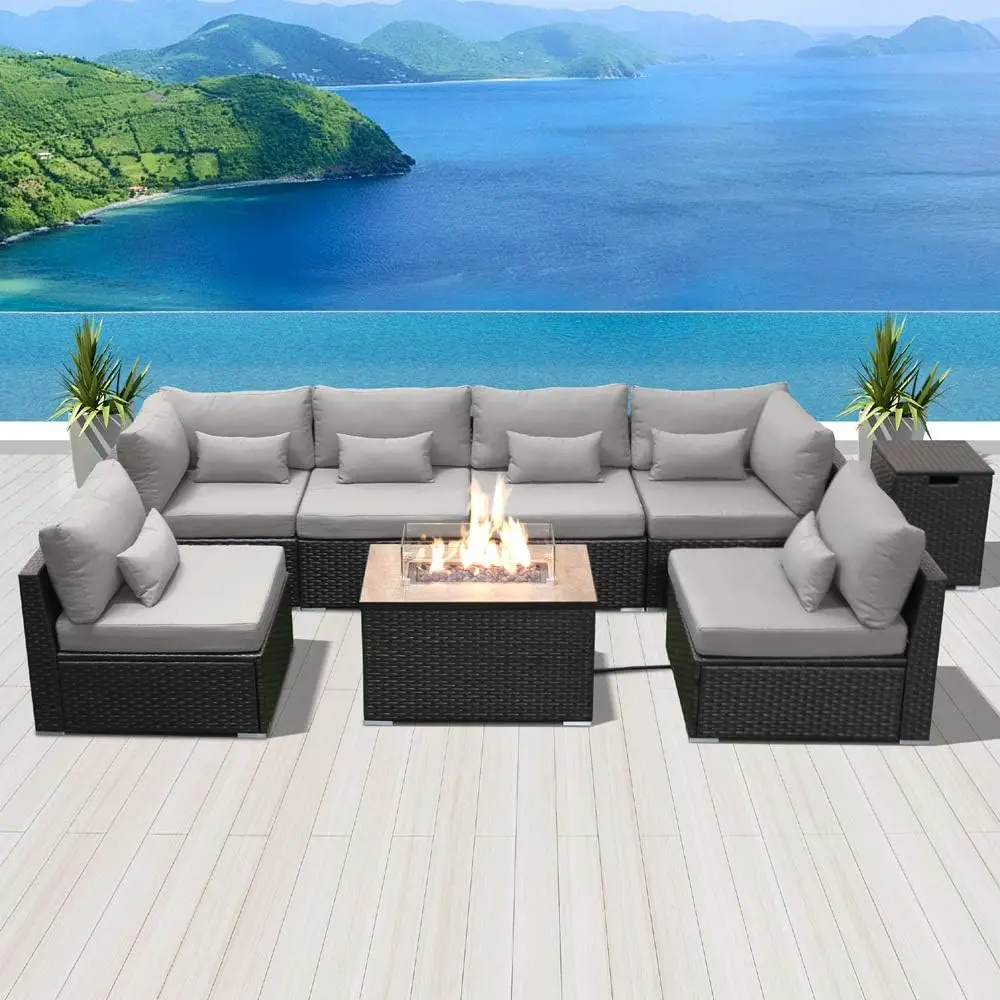 

Dineli Sectional Sofa with Gas/Propane Fire Pit Table Outdoor Patio Furniture Sets (Light Gray-Rectangular Table)