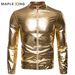 Fashion Men Nightclubs Gold Glossy Jackets Coats Men Women Casual Slim Thin Zippers Coat Silver Golden Hip Hop Bomber Jacket