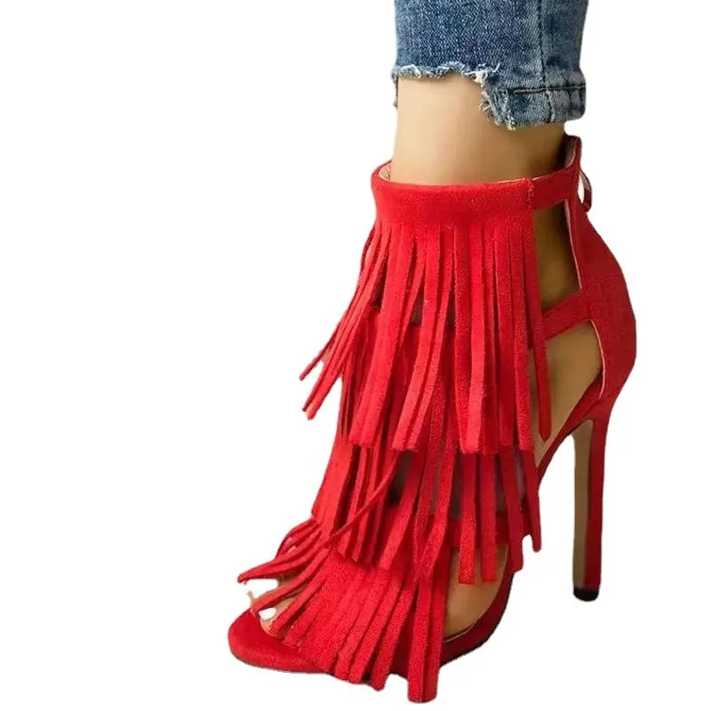 Low Sandals Woman Leather Tassel Shoes Lady 2024 Large Size Suit Female Beige Summer Heels Open Toe Low-heeled Fringe New Big Ve