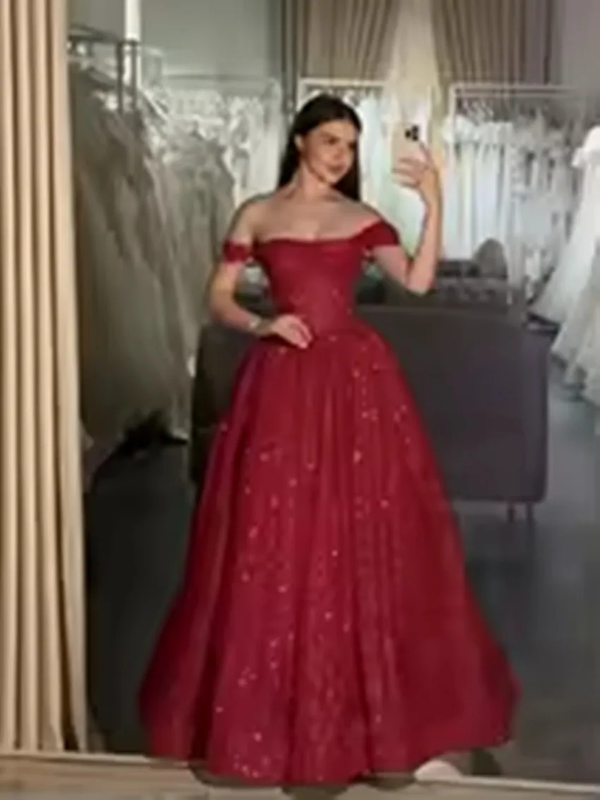 Customized Moden Prom Dress 2026 Glitter Tulle Off the Shoulder Wedding Party Dress Boat-neck A-line Floor-Length Evening Gowns view 5