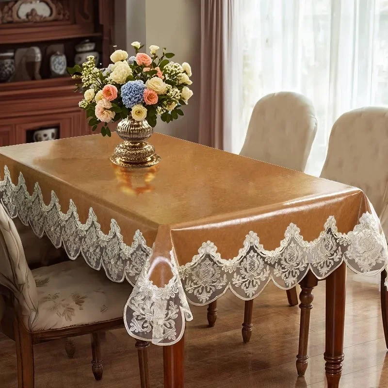Leather Tablecloth with Delicate Lace Trim Allows Easy Care; Assorted Retro Colors Fit Home Dining Tables and Lounge Tea Tables