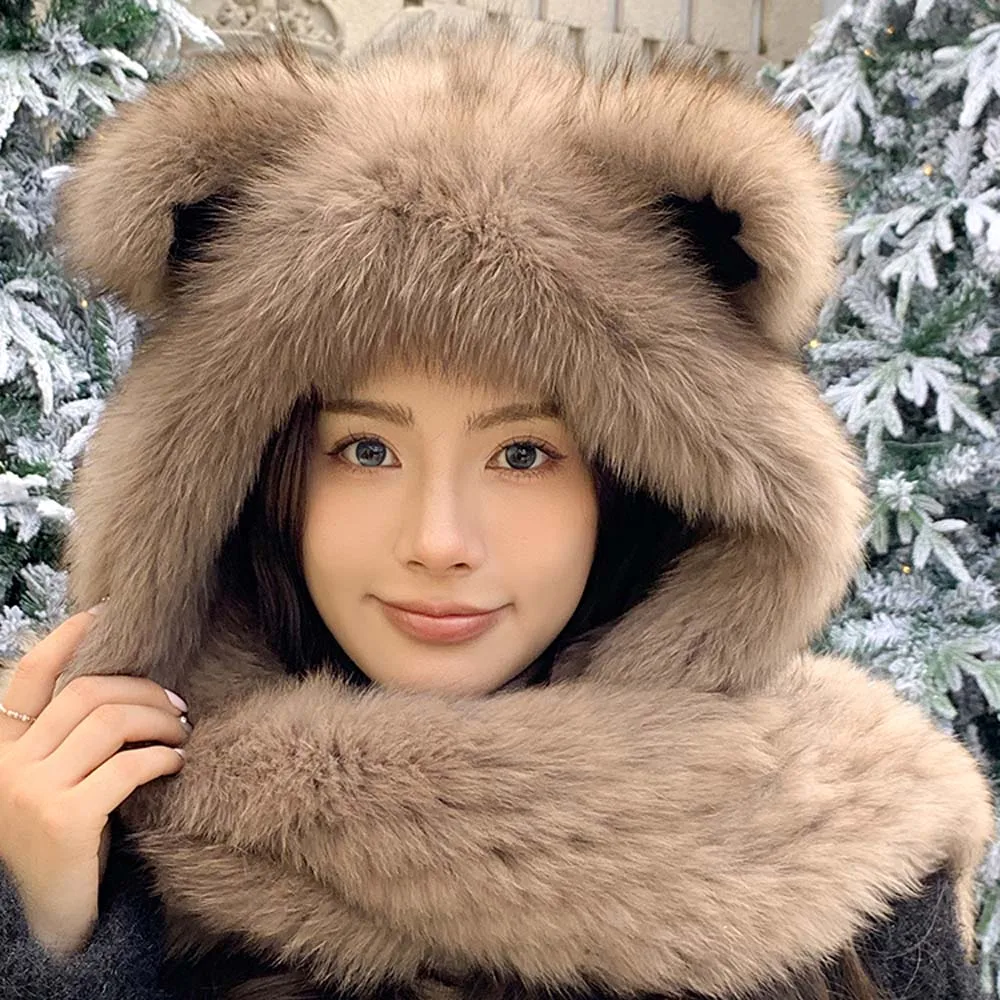 

Зимняя шапка из натурального лисьего меха 2025 года, шарф, шапка, интегрированные шапки, теплая двусторонняя утолщенная плюшевая защитная шапка для ушей