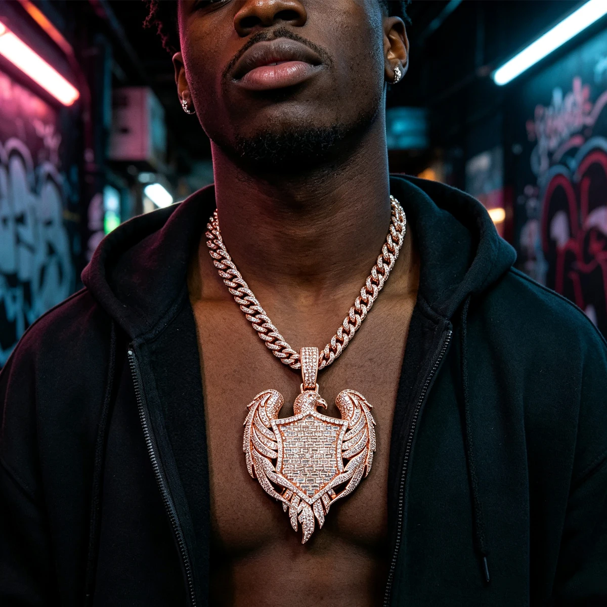 Hip Hop Bling Charm For Men Rapper Streetwear Jewelry Sparkling Zircon Spread‑Wings Eagle Medallion Iced Out Eagle Shield Heart Pendant Micro‑Paved Cubic Zirconia For Party Club Daily Wear Trendy Luxury  18K Rose Gold Plated Hip‑Hop Necklace Accessories