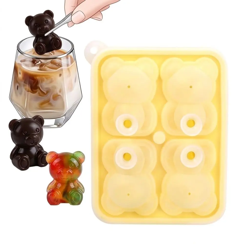 Cute 4 Grids Bear Shape Ice Mold With Lid Silicone Ice Cube Tray 3D Design Easy Release Ice Cube Maker Party