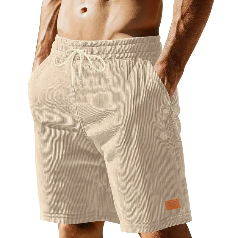 Verão masculino cor sólida rendas até calças esportivas veludo simples shorts de cinco pontos masculino casual respirável listra vertical shorts