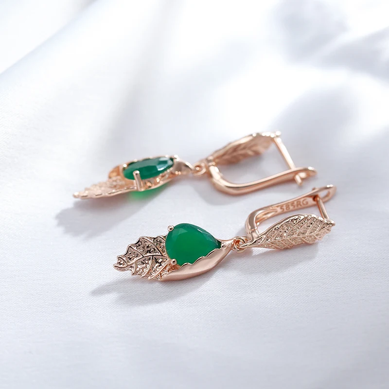 Wbmqda  Luxury 585 Rose Gold Color Leaf Long Earring Ring For Women Green Natural Zircon Setting Ethnic Wedding Jewelry Sets