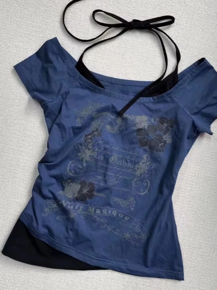 2025 Summer Y2k Vintage Graphic T Shirts Women Grunge Streetwear Hot Girl Slim Fit Tee Harajuku Fashion Casual Sweet Tops Chic