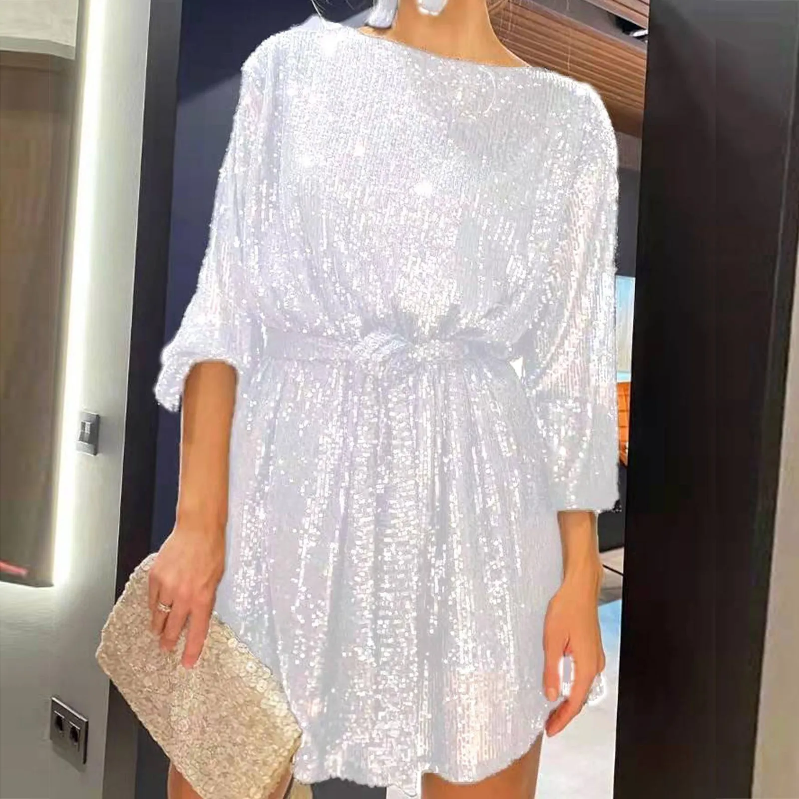 

Round Neck Sequins Dress Women's Long Sleeve Solid Colour Elegant Cocktail Dresses Waisted Tie Short Evening Party Dresses
