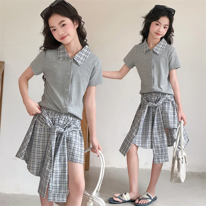 

Kids Child 2 Piece Sets Girls Outfits Summer Clothing Sets For Tweens Girl Polo Shirt+Asymmetric Plaid Skirt Gothic Y2K Costumes