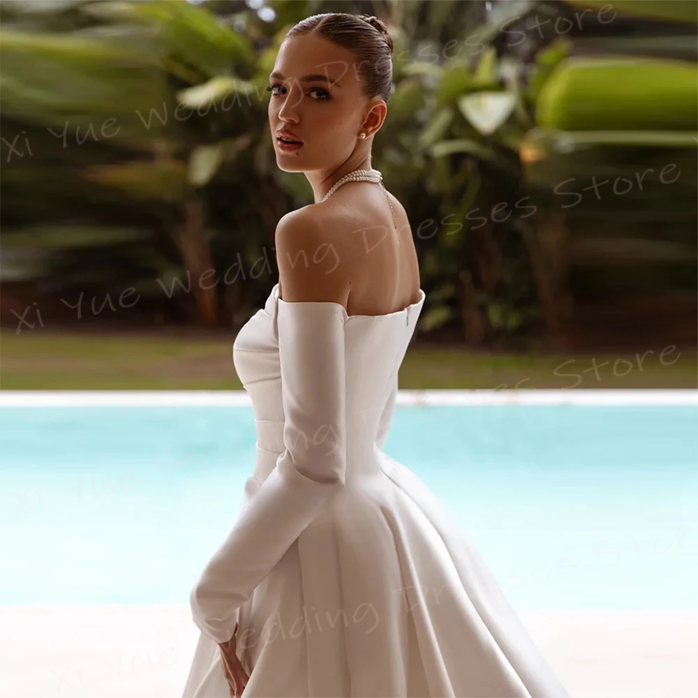 Simple Satin A Line Wedding Dresses Women Sexy Off The Shoulder Bride Gowns Boat Neck Long Sleeve Customized Vestido De Novia