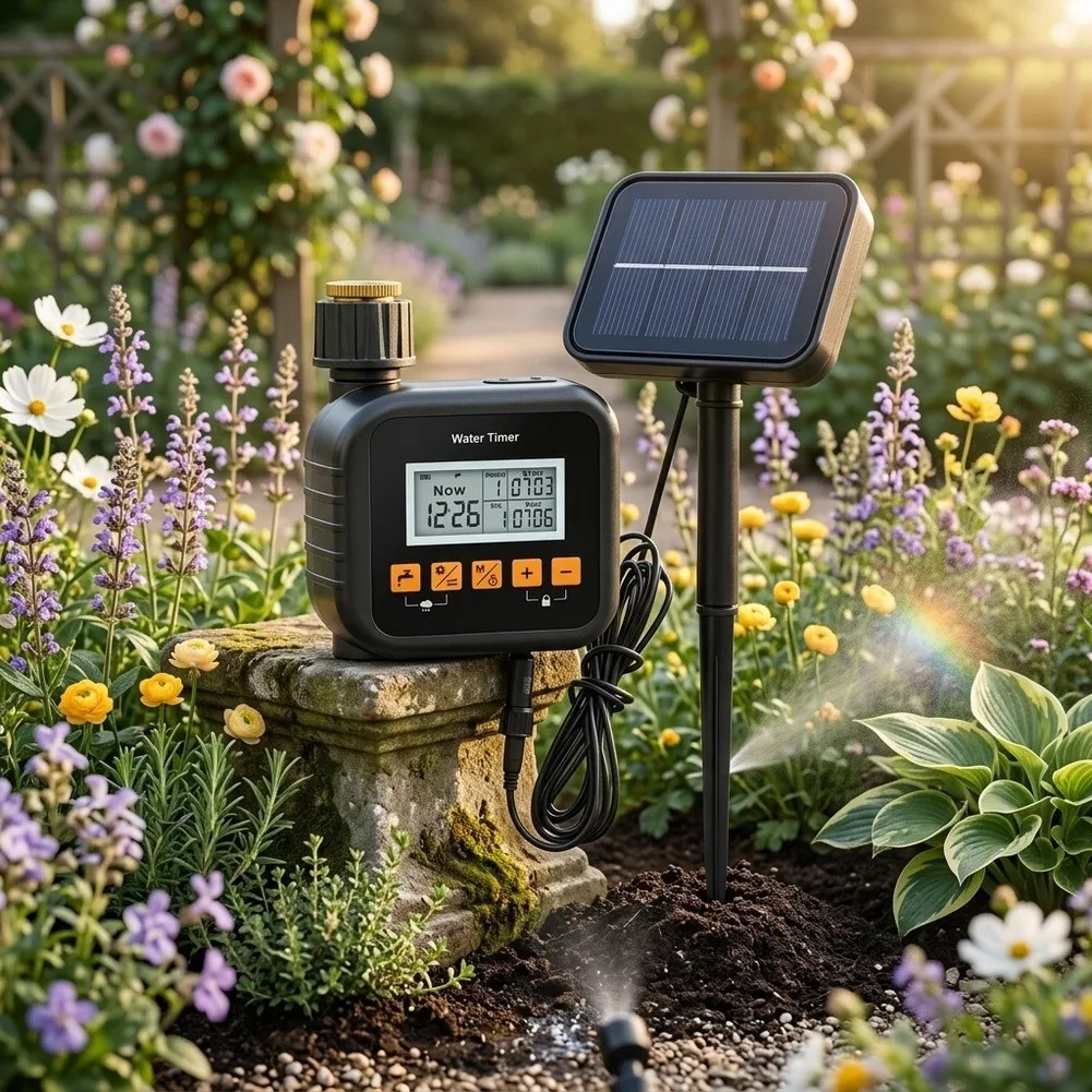 Rain-Responsive Solar Timer for Garden Hose Systems Featuring Automatic Rain Delay and Nine User-Defined Watering Intervals