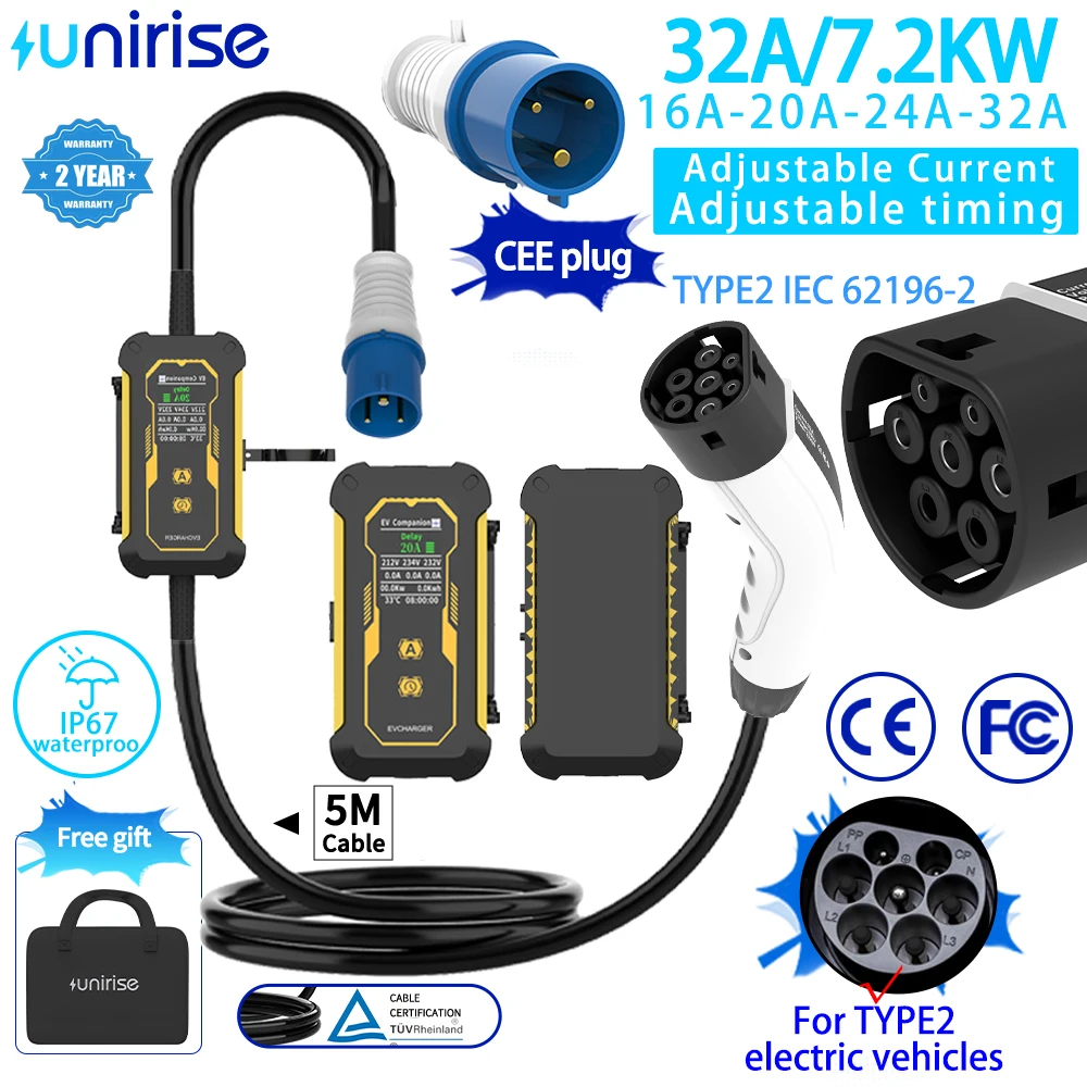Unirise 7.2KW 32A 3Phase EV Portable Charger Type2 5M Cable EVSE Charging Box Connector CEE Plug For Type 2 Electric Car Charger