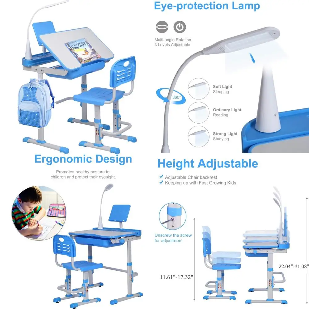 Adjustable Height Kids Study Desk with Tilt Table, LED Light, Storage Drawer & Comfortable Chair