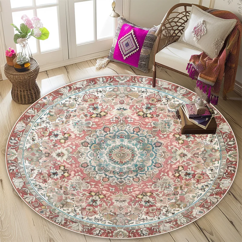 Persian Retro Style Round Carpet Living Room Bohemian Bedroom Decoration Washable Non-slip Rug Office Lounge Sofa Area Floor Mat